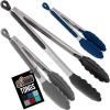 GORILLA GRIP Stainless Steel Heat Resistant Kitchen Tongs for Cooking, 12 + 14 Inch Set of 2 BBQ Tong, Non Scratch Silicone Tip for Pan, Strong Grip, Grab Food, Toss Salad, Air Fryer, Pull Lock, Black(Black Gray Blue)