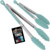 GORILLA GRIP Stainless Steel Heat Resistant Kitchen Tongs for Cooking, 12 + 14 Inch Set of 2 BBQ Tong, Non Scratch Silicone Tip for Pan, Strong Grip, Grab Food, Toss Salad, Air Fryer, Pull Lock, Black(Mint)