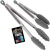 GORILLA GRIP Stainless Steel Heat Resistant Kitchen Tongs for Cooking, 12 + 14 Inch Set of 2 BBQ Tong, Non Scratch Silicone Tip for Pan, Strong Grip, Grab Food, Toss Salad, Air Fryer, Pull Lock, Black(Gray)