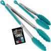 GORILLA GRIP Stainless Steel Heat Resistant Kitchen Tongs for Cooking, 12 + 14 Inch Set of 2 BBQ Tong, Non Scratch Silicone Tip for Pan, Strong Grip, Grab Food, Toss Salad, Air Fryer, Pull Lock, Black(Turquoise)