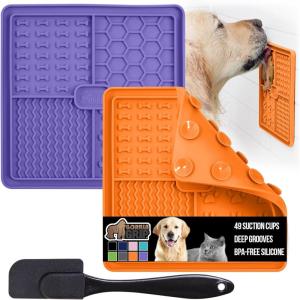 GORILLA GRIP BPA Free Silicone Lick Mat for Dogs, 49 Powerful Grip Suction Cups, Dishwasher and Freezer Safe Flexible Licking Pad for Dog Baths, Cat Grooming, Nail Trimming, Turquoise Pink 2 Pack(. Orange/Purple)