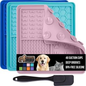 GORILLA GRIP BPA Free Silicone Lick Mat for Dogs, 49 Powerful Grip Suction Cups, Dishwasher and Freezer Safe Flexible Licking Pad for Dog Baths, Cat Grooming, Nail Trimming, Turquoise Pink 2 Pack(. Turquoise/Royal Blue/Pink)