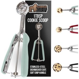 GORILLA GRIP BPA-Free Stainless Steel Cookie Scoop, 2 TBSP Scooper #40, Soft Grip Handle, Easy Food Release, Create Even Portion Sizes, Multipurpose Kitchen Melon Baller, Meatball Spring Scoops, Black(Mint)