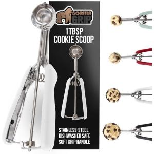 GORILLA GRIP BPA-Free Stainless Steel Cookie Scoop, 2 TBSP Scooper #40, Soft Grip Handle, Easy Food Release, Create Even Portion Sizes, Multipurpose Kitchen Melon Baller, Meatball Spring Scoops, Black(White)