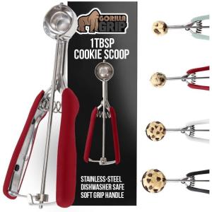 GORILLA GRIP BPA-Free Stainless Steel Cookie Scoop, 2 TBSP Scooper #40, Soft Grip Handle, Easy Food Release, Create Even Portion Sizes, Multipurpose Kitchen Melon Baller, Meatball Spring Scoops, Black(Red)