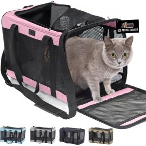 GORILLA GRIP Cat Carrier Travel Bag Up to 15 Lbs, Soft Collapsible Small Dog Carriers, Top and Side Entry Breathable Mesh, Grip Feet on Underside, Cozy Washable Waterproof Pad, Portable Kennel, Gray(Pink)