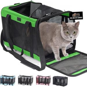 GORILLA GRIP Cat Carrier Travel Bag Up to 15 Lbs, Soft Collapsible Small Dog Carriers, Top and Side Entry Breathable Mesh, Grip Feet on Underside, Cozy Washable Waterproof Pad, Portable Kennel, Gray(Light Green)