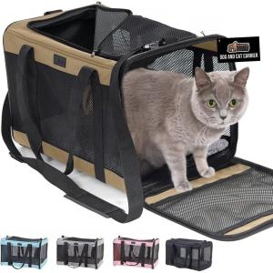 GORILLA GRIP Cat Carrier Travel Bag Up to 15 Lbs, Soft Collapsible Small Dog Carriers, Top and Side Entry Breathable Mesh, Grip Feet on Underside, Cozy Washable Waterproof Pad, Portable Kennel, Gray(Beige)