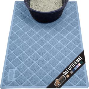 GORILLA GRIP Cat Litter Box Mat, 35×23, Water Resistant, US Designed Kitty Litter Trapping Mats, Easy to Clean, Scatter Control, Less Mess and Clean Floors, Kitten Supplies for Indoor Cats, Gray(Light Blue)