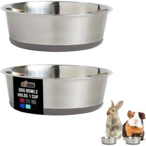 GORILLA GRIP Dog Bowls, Holds 2 Cups Each (16 fl oz), Heavy Duty Stainless Steel Food and Water Bowl for Feeding Dogs and Cats, Dishwasher Safe, Rust Resistant, BPA Free Rubber Base, Set of 2 Black(Gray)