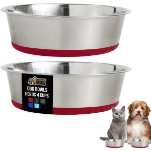 GORILLA GRIP Dog Bowls, Holds 2 Cups Each (16 fl oz), Heavy Duty Stainless Steel Food and Water Bowl for Feeding Dogs and Cats, Dishwasher Safe, Rust Resistant, BPA Free Rubber Base, Set of 2 Black(Red)