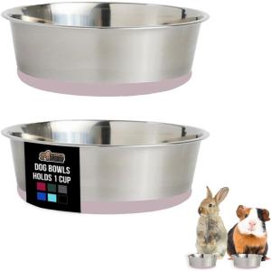 GORILLA GRIP Dog Bowls, Holds 2 Cups Each (16 fl oz), Heavy Duty Stainless Steel Food and Water Bowl for Feeding Dogs and Cats, Dishwasher Safe, Rust Resistant, BPA Free Rubber Base, Set of 2 Black(Light Pink)