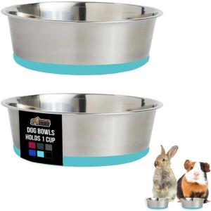 GORILLA GRIP Dog Bowls, Holds 2 Cups Each (16 fl oz), Heavy Duty Stainless Steel Food and Water Bowl for Feeding Dogs and Cats, Dishwasher Safe, Rust Resistant, BPA Free Rubber Base, Set of 2 Black(Turquoise)