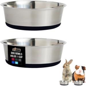 GORILLA GRIP Dog Bowls, Holds 2 Cups Each (16 fl oz), Heavy Duty Stainless Steel Food and Water Bowl for Feeding Dogs and Cats, Dishwasher Safe, Rust Resistant, BPA Free Rubber Base, Set of 2 Black(Black)