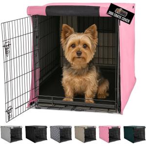 GORILLA GRIP Dog Crate Covers Compatible with Amazon Basics Dog Crates, All Sides Open, Privacy Cover Fits 36″ Wire Kennel, Breathable Mesh Windows, Light Reducing Puppy Training Cage Topper, Black(Pink)