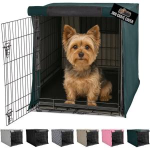 GORILLA GRIP Dog Crate Covers Compatible with Amazon Basics Dog Crates, All Sides Open, Privacy Cover Fits 36″ Wire Kennel, Breathable Mesh Windows, Light Reducing Puppy Training Cage Topper, Black(Hunter Green)