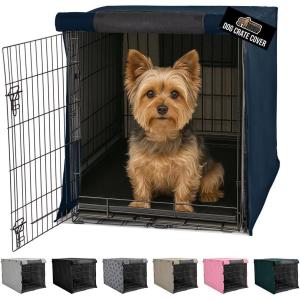 GORILLA GRIP Dog Crate Covers Compatible with Amazon Basics Dog Crates, All Sides Open, Privacy Cover Fits 36″ Wire Kennel, Breathable Mesh Windows, Light Reducing Puppy Training Cage Topper, Black(Navy)