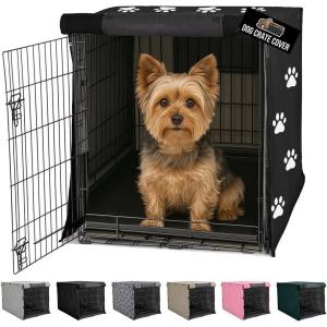 GORILLA GRIP Dog Crate Covers Compatible with Amazon Basics Dog Crates, All Sides Open, Privacy Cover Fits 36″ Wire Kennel, Breathable Mesh Windows, Light Reducing Puppy Training Cage Topper, Black(Black Paw)