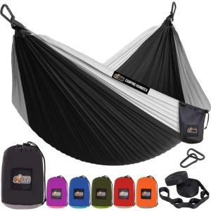 GORILLA GRIP Durable Camping Hammock with Heavy Duty Tree Straps, Portable Hammocks for Outside, Easy to Use Travel Swing Chair, Outdoor Camper Hiker Essentials, Backpacking Gear Gifts, Single, Blue(Black/Grey)