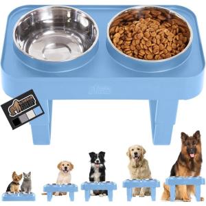 GORILLA GRIP Elevated Dog Bowls Stand, 6 Cup Stainless Steel Food Bowl Set of 2, 5 Height Adjustable Raised Feeding Station for Small Breed Puppy Dogs and Cats, Medium, Large Sized Pets Feeder, Blue(Light Blue)