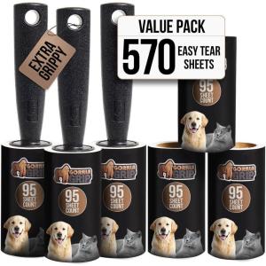GORILLA GRIP Extra Grippy Lint Rollers, 380 Large Easy Tear Sheets, 2 Comfort Handles + 4 Refillable Rolls Included, Pet Hair Remover Brush, Clothes Furniture, Dog, Cat Animal Friendly Reusable Roller(3 Rollers + 3 Refills)