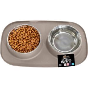 GORILLA GRIP Feeding Mat Set, 4 Cup, Patent Pending 100% Waterproof BPA Free Silicone, Stainless Steel Cat and Dog Bowls, Slip Resistant, Edges Catch Water Food, US Designed Pet Accessories, Turquoise(Beige)