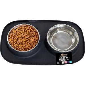 GORILLA GRIP Feeding Mat Set, 4 Cup, Patent Pending 100% Waterproof BPA Free Silicone, Stainless Steel Cat and Dog Bowls, Slip Resistant, Edges Catch Water Food, US Designed Pet Accessories, Turquoise(Black)