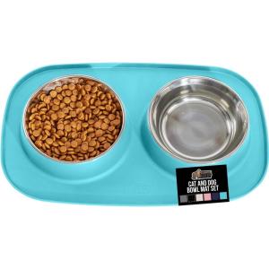 GORILLA GRIP Feeding Mat Set, 4 Cup, Patent Pending 100% Waterproof BPA Free Silicone, Stainless Steel Cat and Dog Bowls, Slip Resistant, Edges Catch Water Food, US Designed Pet Accessories, Turquoise(Turquoise)