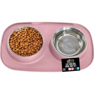 GORILLA GRIP Feeding Mat Set, 4 Cup, Patent Pending 100% Waterproof BPA Free Silicone, Stainless Steel Cat and Dog Bowls, Slip Resistant, Edges Catch Water Food, US Designed Pet Accessories, Turquoise(Light Pink)