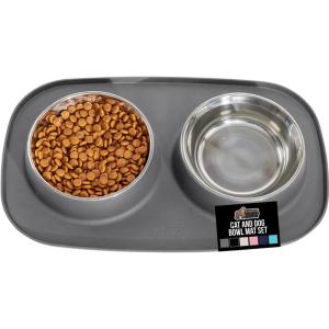 GORILLA GRIP Feeding Mat Set, 4 Cup, Patent Pending 100% Waterproof BPA Free Silicone, Stainless Steel Cat and Dog Bowls, Slip Resistant, Edges Catch Water Food, US Designed Pet Accessories, Turquoise(Gray)