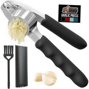 GORILLA GRIP Garlic Press and Peel Set, Heavy Duty Mincer Tool, Large Ergonomic Handle, Easily Mince, Crush Garlics Ginger Nuts, Peeler Included for Peeling Cloves, Holiday Prep Kitchen Gadgets, Black(Black)