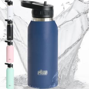 GORILLA GRIP Heavy Duty Insulated Water Bottle, 40 oz, Leakproof Flip Straw, Stainless Steel Wall Keeps Drink Cold Up to 8 Hours, Dent Resistant Tumbler, BPA-Free Travel Bottles, Dishwasher Safe Black(Navy)