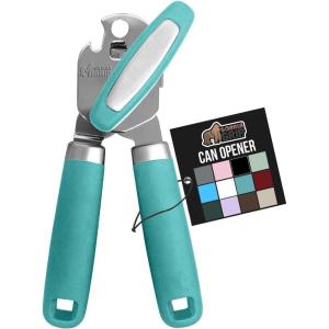 GORILLA GRIP Heavy Duty Stainless Steel Smooth Edge Manual Can Opener, Soft Comfortable Handle, Large Handheld Turn Knob, Built-In Bottle Openers, US Designed, Holiday Prep Kitchen Essential, Black(Turquoise)