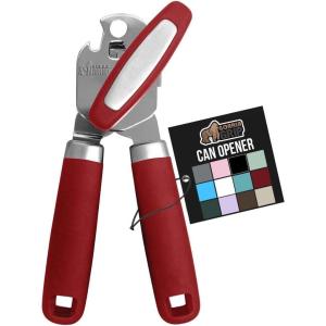 GORILLA GRIP Heavy Duty Stainless Steel Smooth Edge Manual Can Opener, Soft Comfortable Handle, Large Handheld Turn Knob, Built-In Bottle Openers, US Designed, Holiday Prep Kitchen Essential, Black(Red)