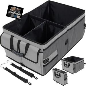GORILLA GRIP Large Capacity Sturdy Trunk Storage Organizer, Slip and Water Resistant Collapsible Organization Container, Holiday Gifts for Men, Women, Multi Compartment Car or SUV Accessories, Black(Gray)