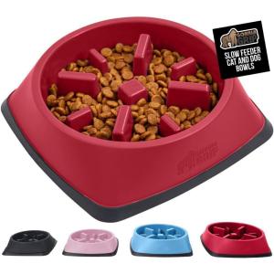 GORILLA GRIP Patent Pending Slow Feeder Dog Bowls, Interactive Puzzle Toy for Dogs and Cats Food Training, Keeps Pets Busy and Prevents Puppy Overeating, All Breeds, 100% BPA Free, 2 Cup, Gray(Red)