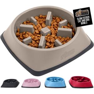 GORILLA GRIP Patent Pending Slow Feeder Dog Bowls, Interactive Puzzle Toy for Dogs and Cats Food Training, Keeps Pets Busy and Prevents Puppy Overeating, All Breeds, 100% BPA Free, 2 Cup, Gray(Beige)