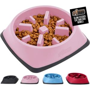 GORILLA GRIP Patent Pending Slow Feeder Dog Bowls, Interactive Puzzle Toy for Dogs and Cats Food Training, Keeps Pets Busy and Prevents Puppy Overeating, All Breeds, 100% BPA Free, 2 Cup, Gray(Pink)