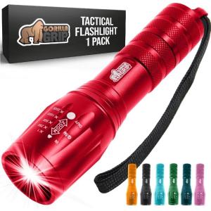 GORILLA GRIP Powerful LED Tactical Flashlight, 750 FT High Lumens 5 Adjustable Modes, Water Resistant, Ultra Bright Zoom Flashlights, Small Mini Flash Light, Camping, Night Dog Walking, Black(Red)