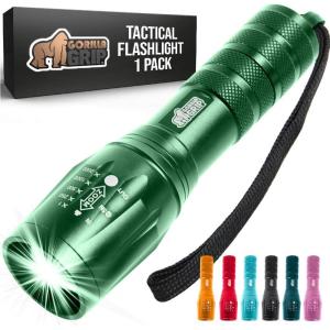 GORILLA GRIP Powerful LED Tactical Flashlight, 750 FT High Lumens 5 Adjustable Modes, Water Resistant, Ultra Bright Zoom Flashlights, Small Mini Flash Light, Camping, Night Dog Walking, Black(Hunter Green)