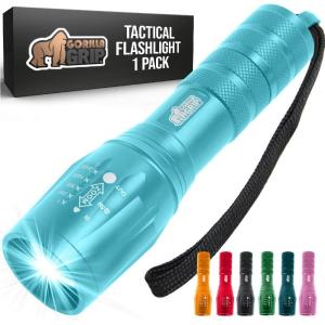 GORILLA GRIP Powerful LED Tactical Flashlight, 750 FT High Lumens 5 Adjustable Modes, Water Resistant, Ultra Bright Zoom Flashlights, Small Mini Flash Light, Camping, Night Dog Walking, Black(Turquoise)