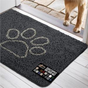 GORILLA GRIP SOAKSTOPPER Dog Door Mat, Machine Washable Rug Absorbent Doormat Captures Moisture Mud Dirt, Quick Dry Soft Chenille Entryway Rugs Indoor Entrance Mats for Dog Paws, 24×17 Black White(Charcoal)