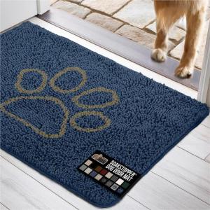 GORILLA GRIP SOAKSTOPPER Dog Door Mat, Machine Washable Rug Absorbent Doormat Captures Moisture Mud Dirt, Quick Dry Soft Chenille Entryway Rugs Indoor Entrance Mats for Dog Paws, 24×17 Black White(Navy)