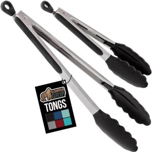 GORILLA GRIP Stainless Steel Heat Resistant Kitchen Tongs for Cooking, 12 + 14 Inch Set of 2 BBQ Tong, Non Scratch Silicone Tip for Pan, Strong Grip, Grab Food, Toss Salad, Air Fryer, Pull Lock, Black(Black)