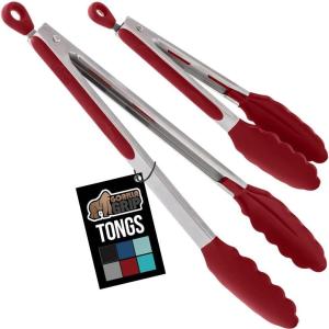 GORILLA GRIP Stainless Steel Heat Resistant Kitchen Tongs for Cooking, 12 + 14 Inch Set of 2 BBQ Tong, Non Scratch Silicone Tip for Pan, Strong Grip, Grab Food, Toss Salad, Air Fryer, Pull Lock, Black(Red)