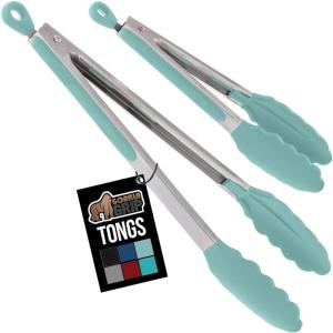 GORILLA GRIP Stainless Steel Heat Resistant Kitchen Tongs for Cooking, 12 + 14 Inch Set of 2 BBQ Tong, Non Scratch Silicone Tip for Pan, Strong Grip, Grab Food, Toss Salad, Air Fryer, Pull Lock, Black(Mint)