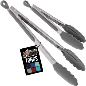 GORILLA GRIP Stainless Steel Heat Resistant Kitchen Tongs for Cooking, 12 + 14 Inch Set of 2 BBQ Tong, Non Scratch Silicone Tip for Pan, Strong Grip, Grab Food, Toss Salad, Air Fryer, Pull Lock, Black(Gray)