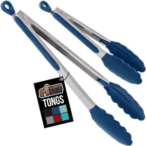 GORILLA GRIP Stainless Steel Heat Resistant Kitchen Tongs for Cooking, 12 + 14 Inch Set of 2 BBQ Tong, Non Scratch Silicone Tip for Pan, Strong Grip, Grab Food, Toss Salad, Air Fryer, Pull Lock, Black(Blue)