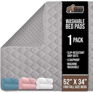 GORILLA GRIP Washable Underpads, Waterproof Reusable Heavy Absorbency Incontinence Bed Pads, Leak Proof Toddler Mattress Pad, 52×34 Slip Resistant Protector for Bedwetting, Adults and Kids, White(Gray)