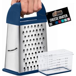 GORILLA GRIP XL 4-Sided Cheese Grater With Container, 100% BPA-Free Stainless Steel Box Graters, Parmesan Shredder, Grate Cheeses, Shred Veggies, Slip Resistant Handle, Dishwasher Safe Zester, Black(Blue)